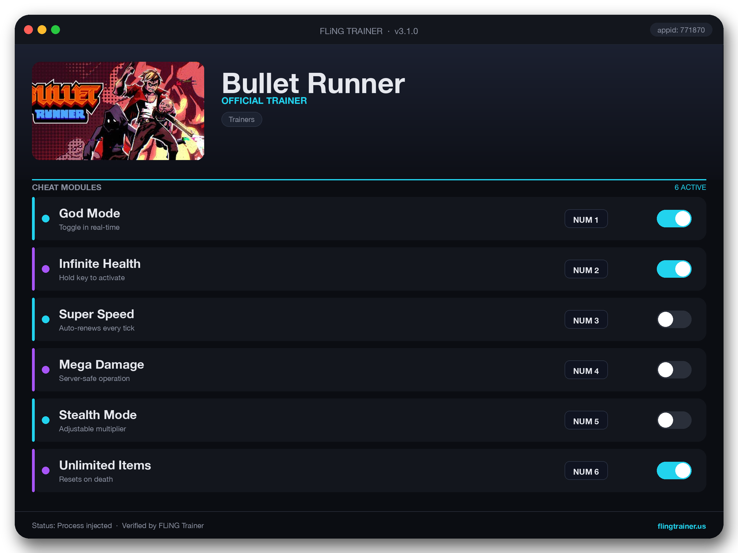 Bullet Runner Trainer interface