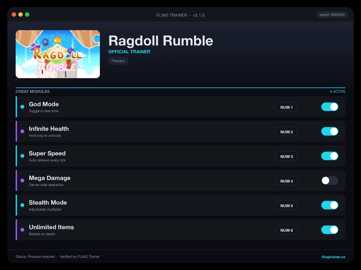 Ragdoll Rumble Trainer interface