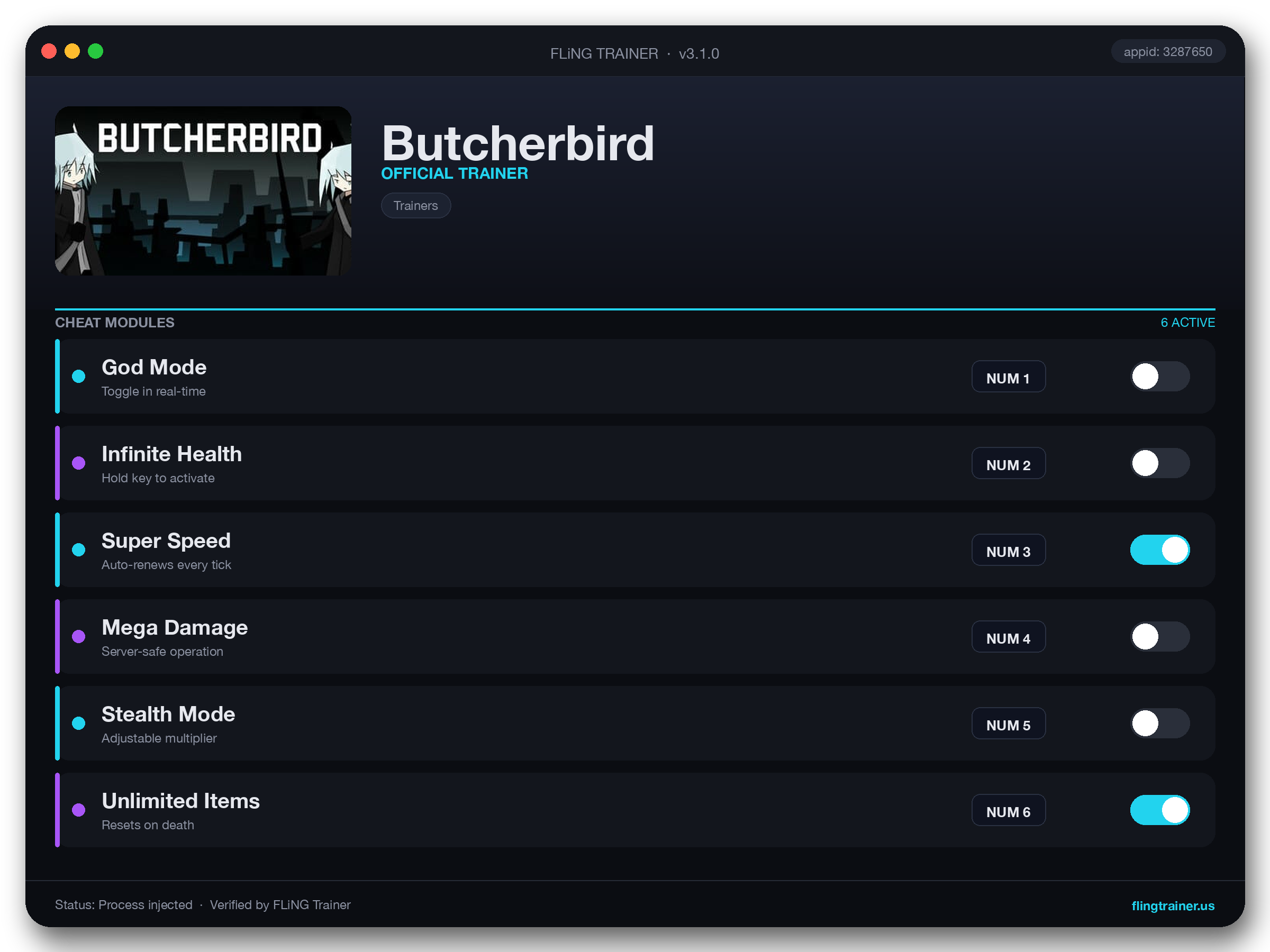 Butcherbird Trainer interface