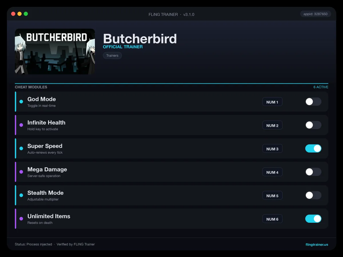 Butcherbird Trainer interface