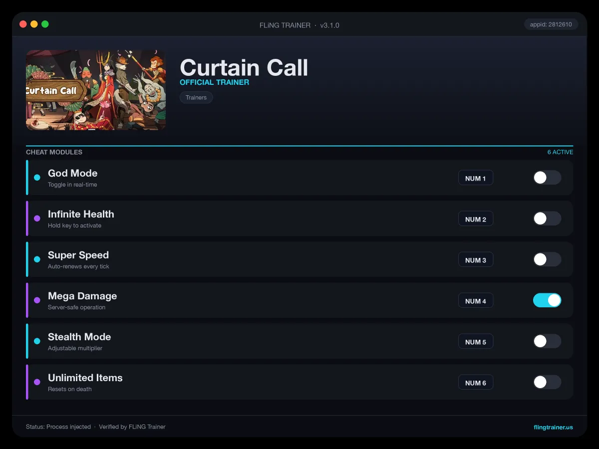 Curtain Call Trainer interface