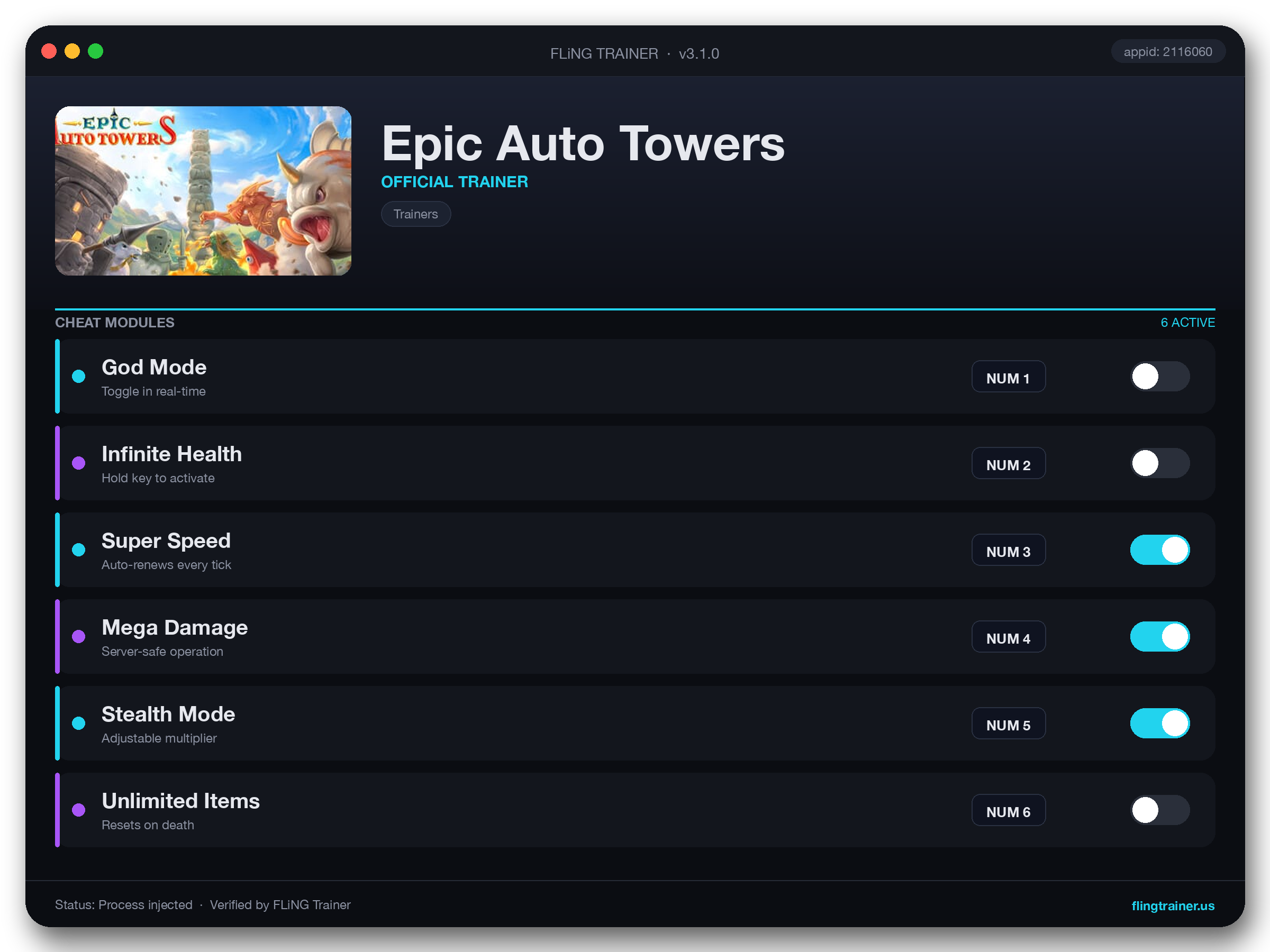 Epic Auto Towers Trainer interface
