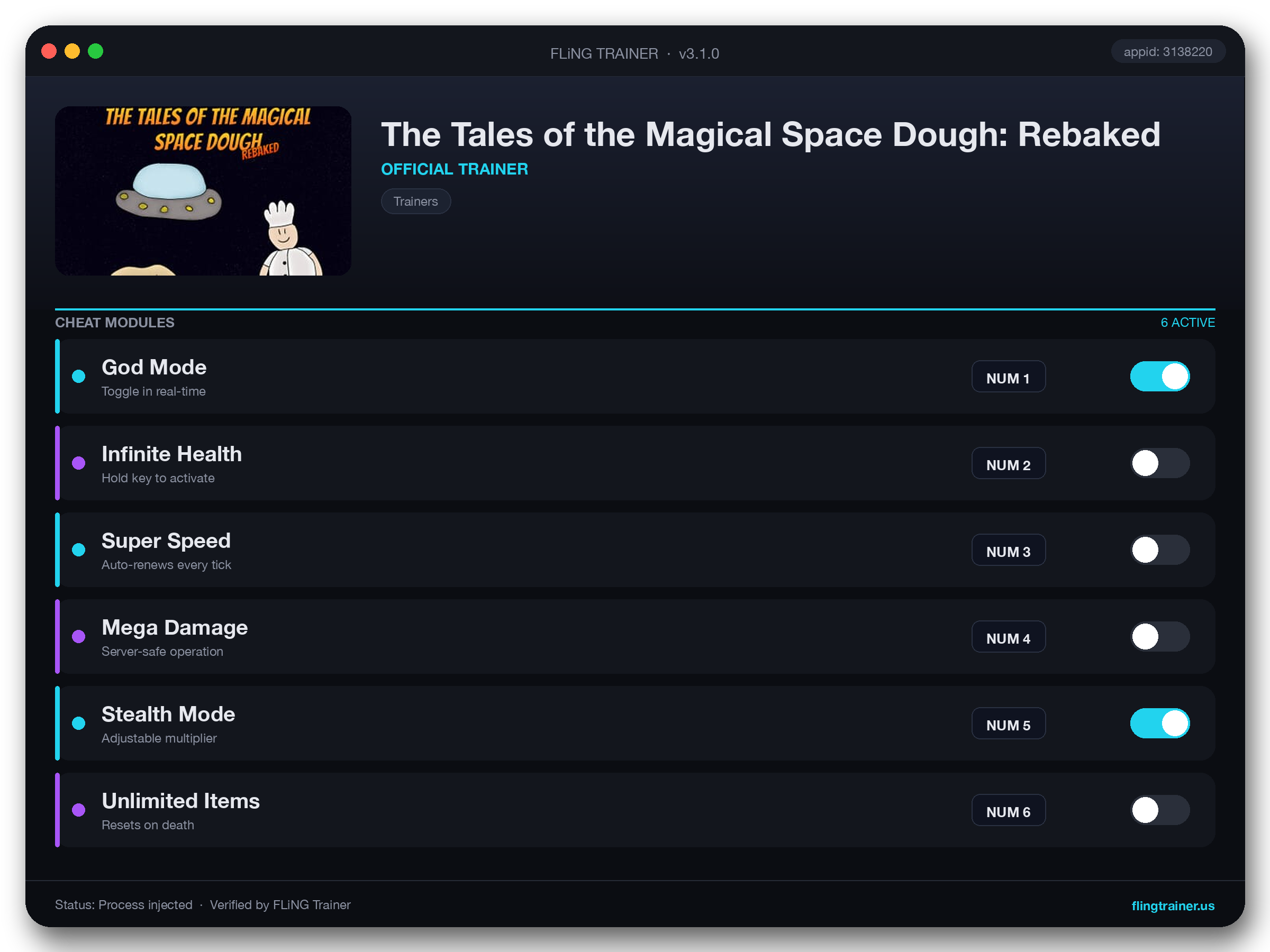 The Tales of the Magical Space Dough: Rebaked Trainer interface