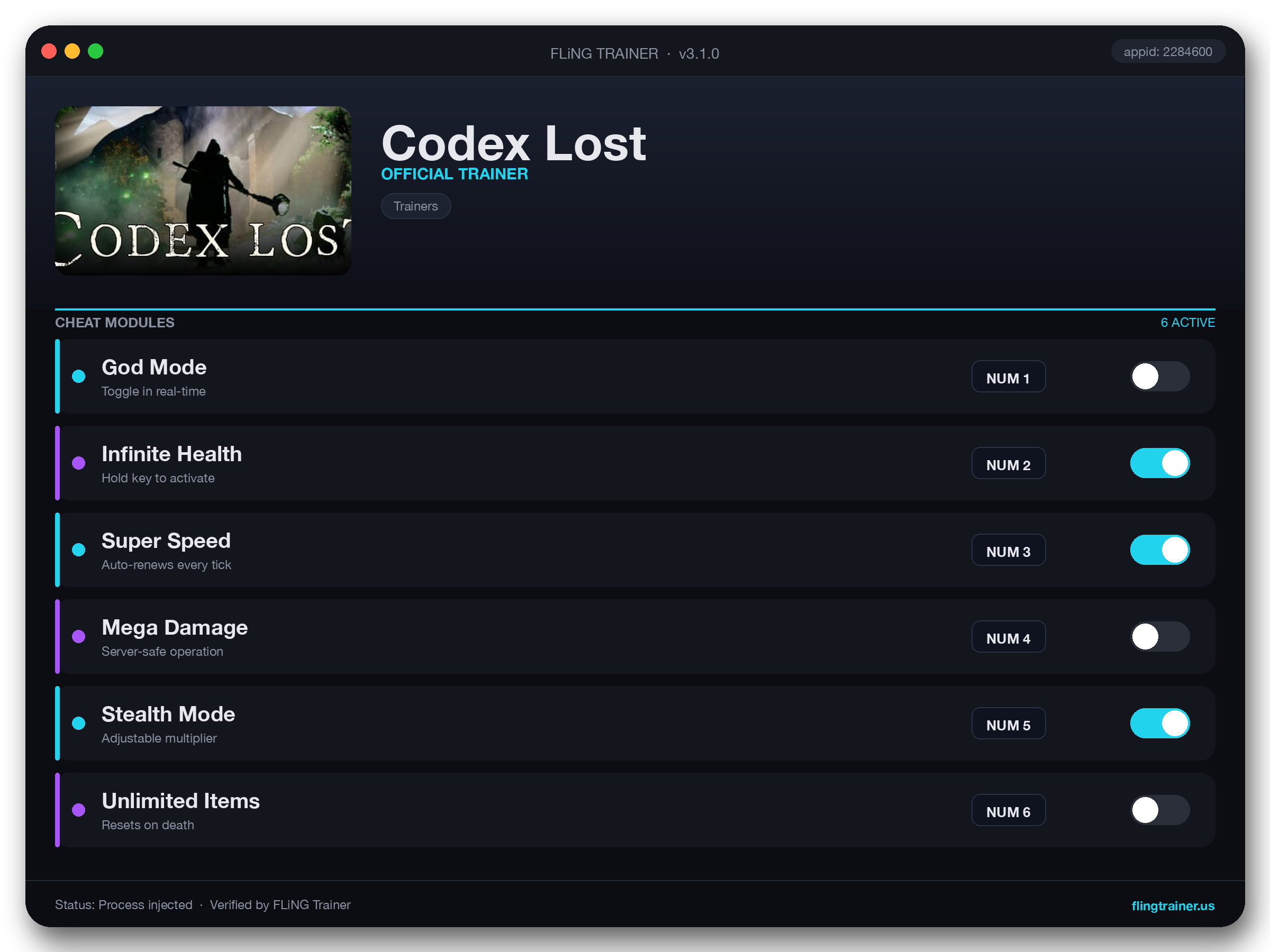 Codex Lost Trainer interface