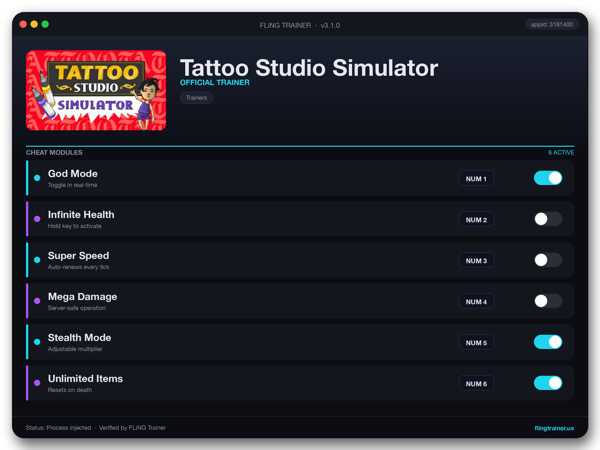 Tattoo Studio Simulator Trainer interface