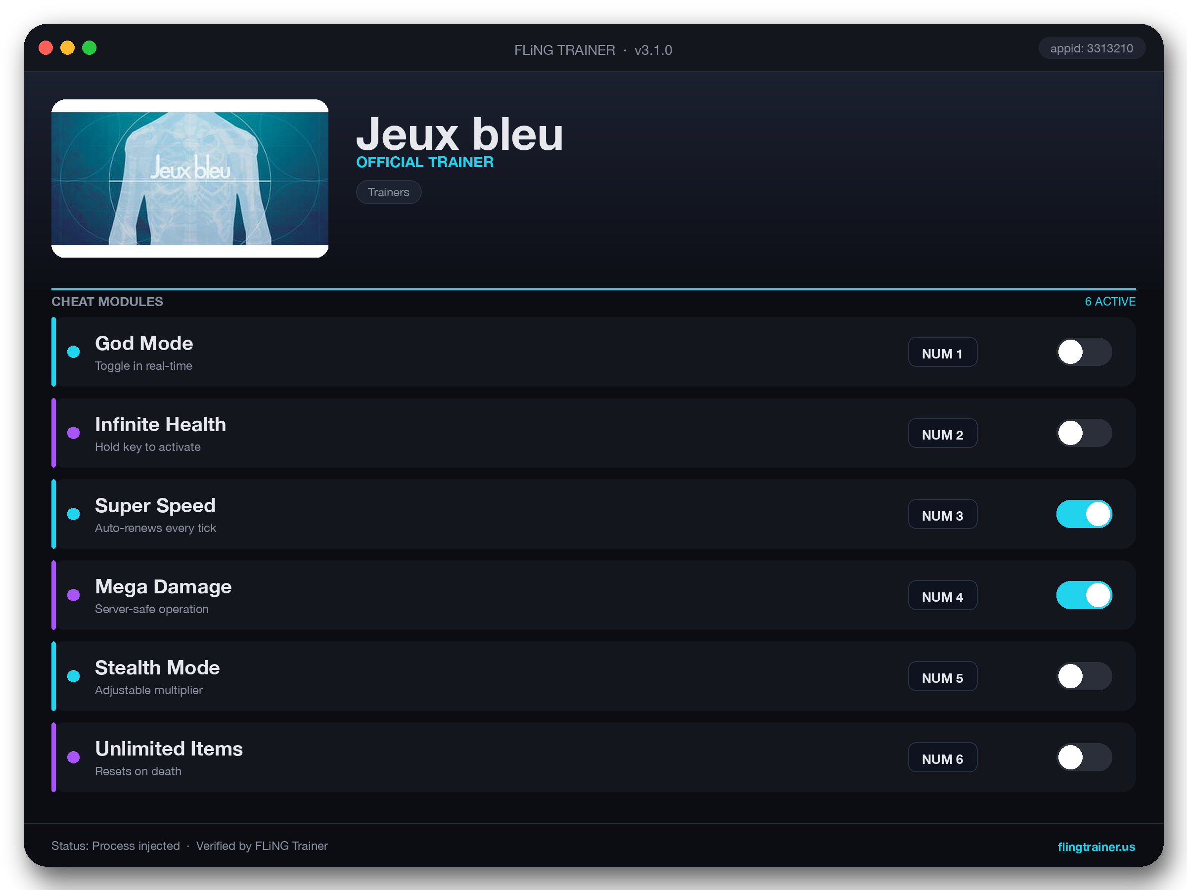 Jeux bleu Trainer interface