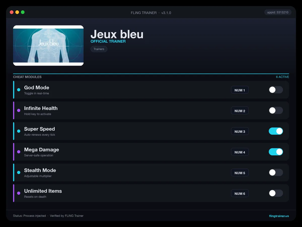 Jeux bleu Trainer interface
