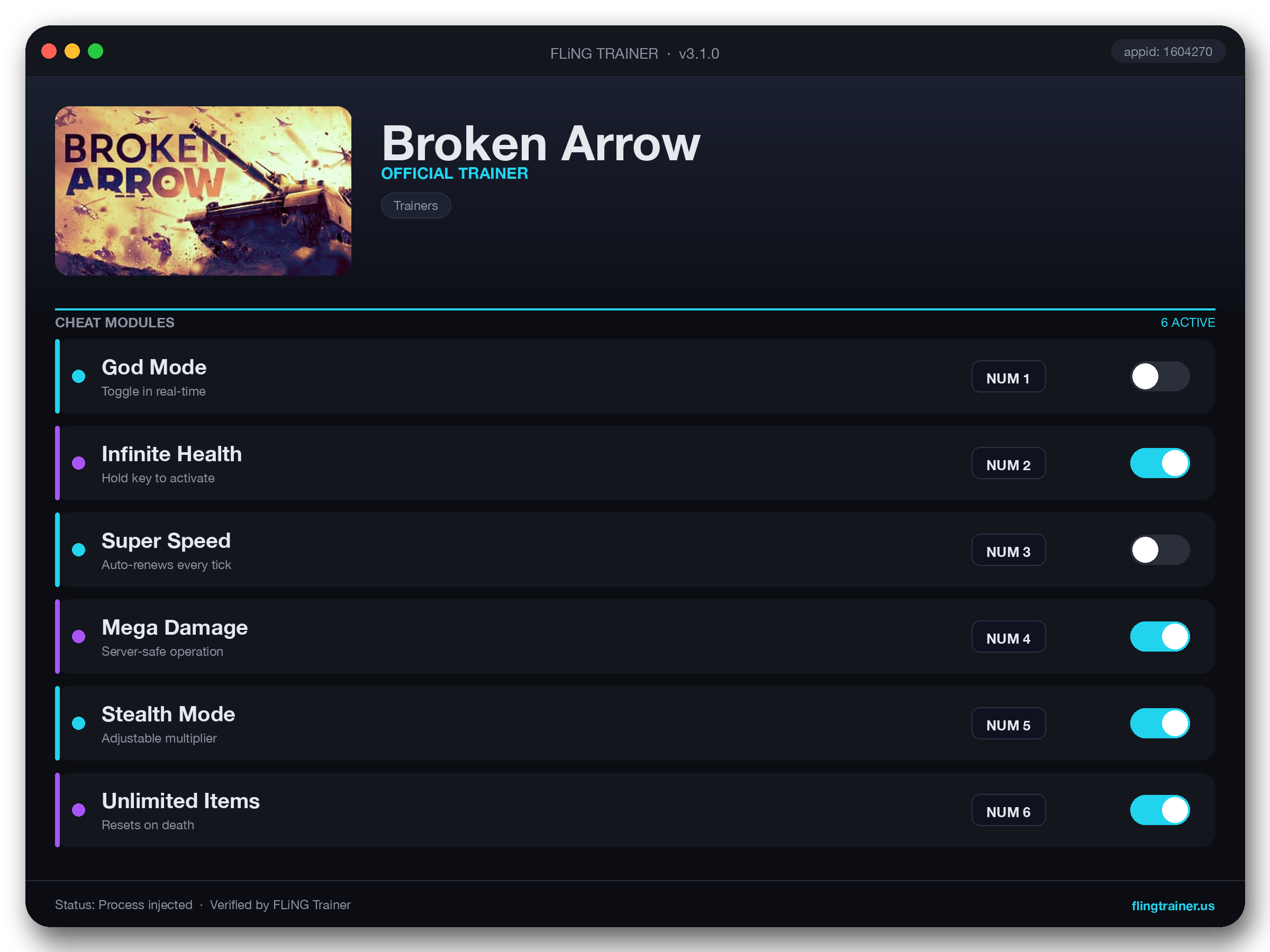 Broken Arrow Trainer interface