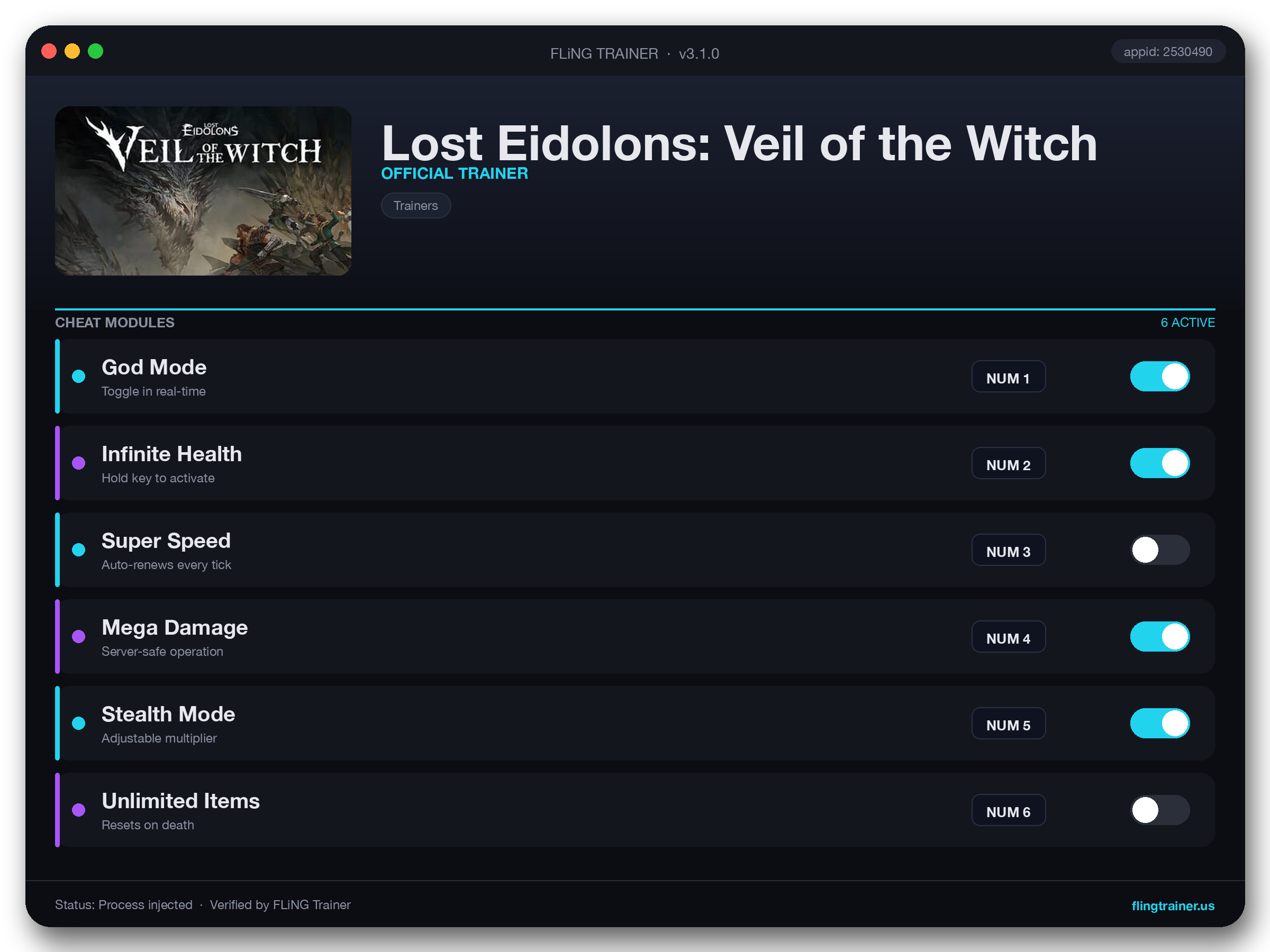 Lost Eidolons: Veil of the Witch Trainer interface