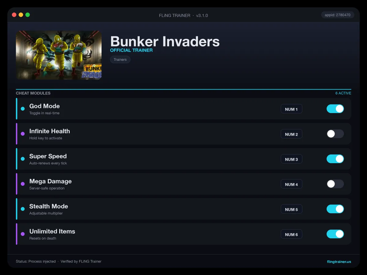 Bunker Invaders Trainer interface