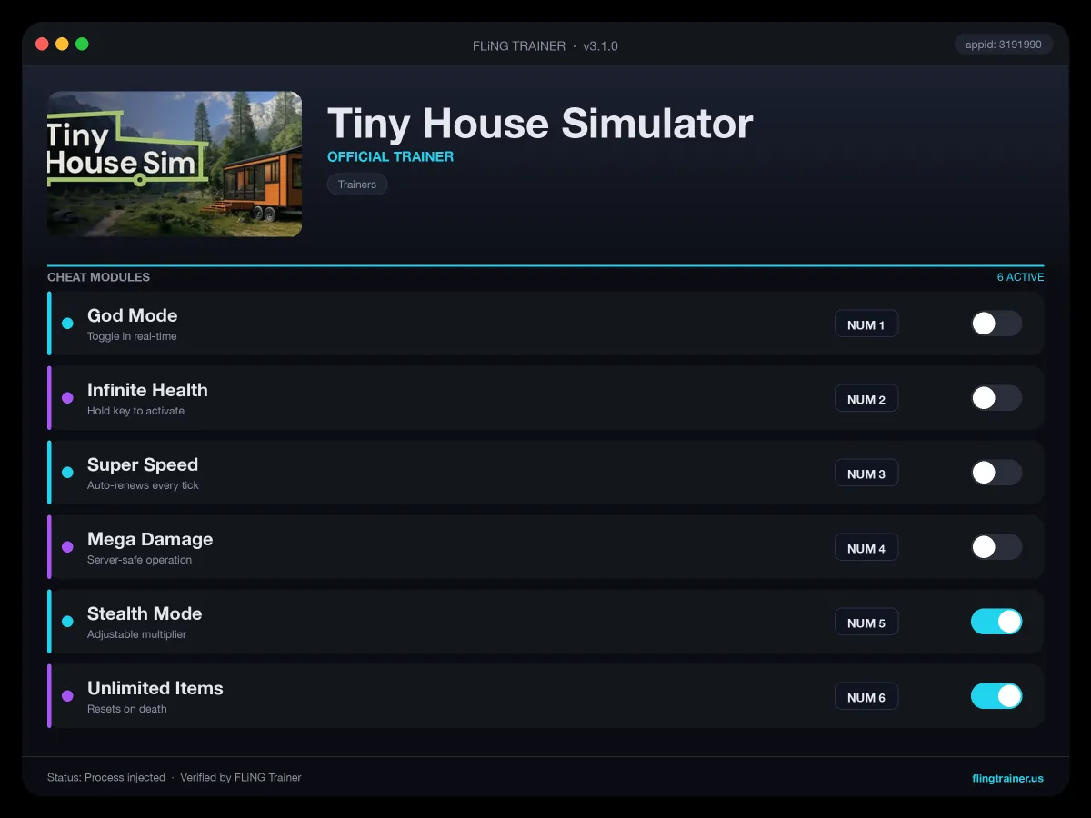 Tiny House Simulator Trainer interface