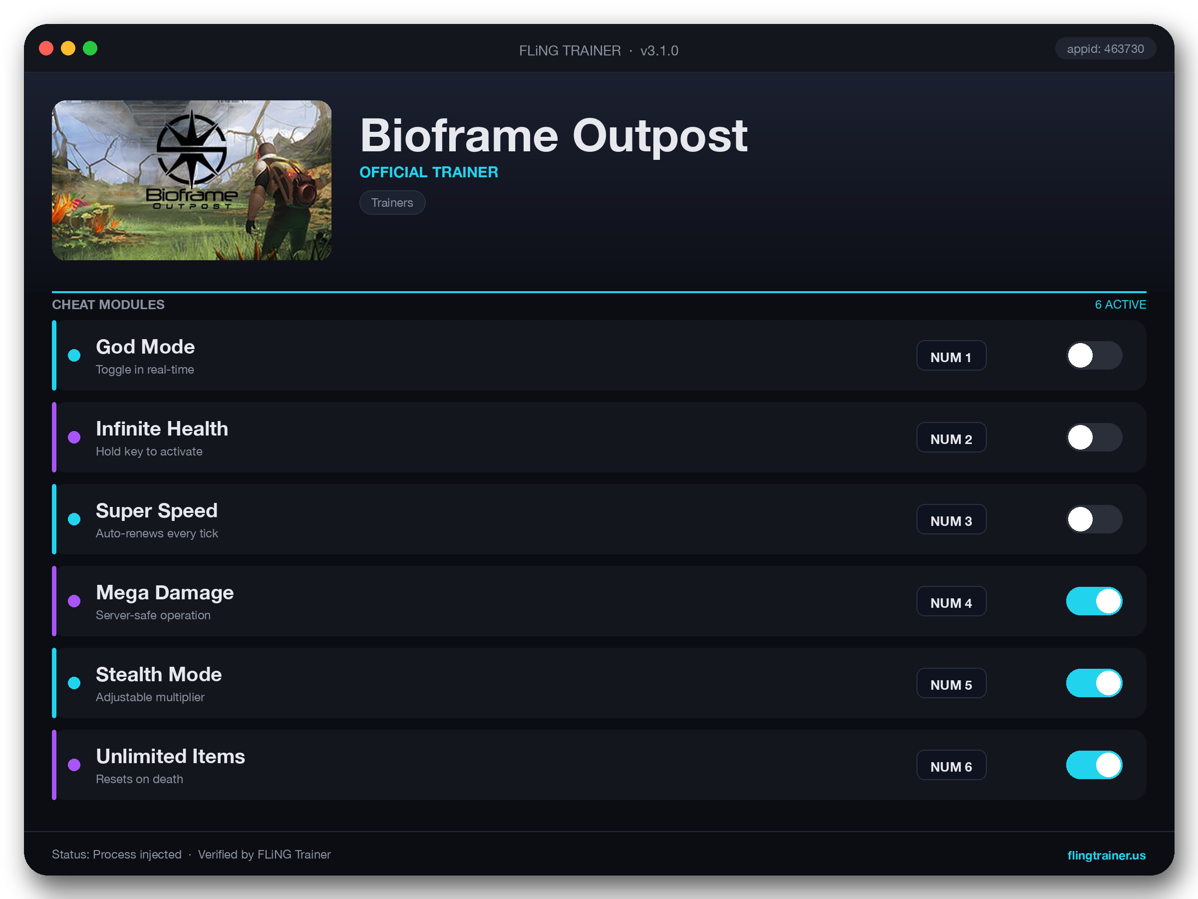 Bioframe Outpost Trainer interface