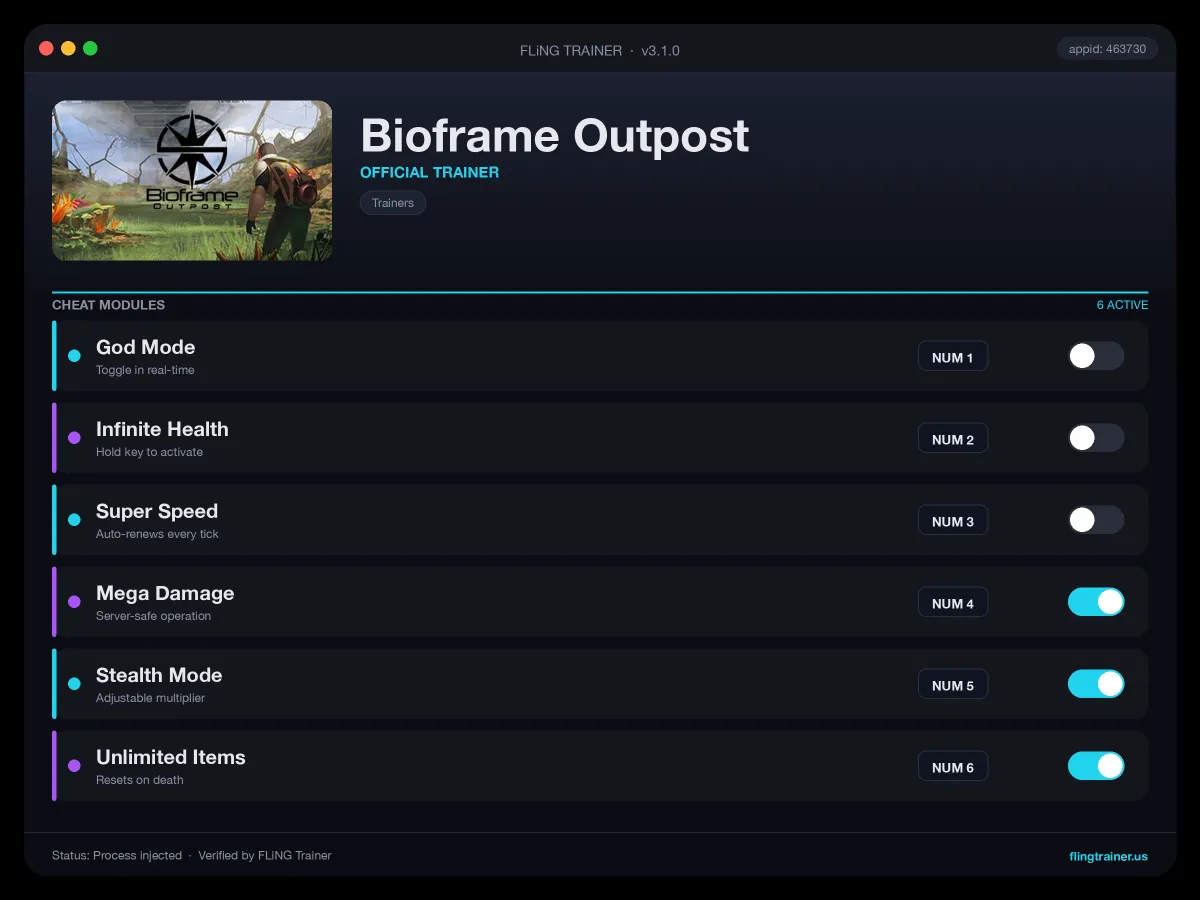 Bioframe Outpost Trainer interface