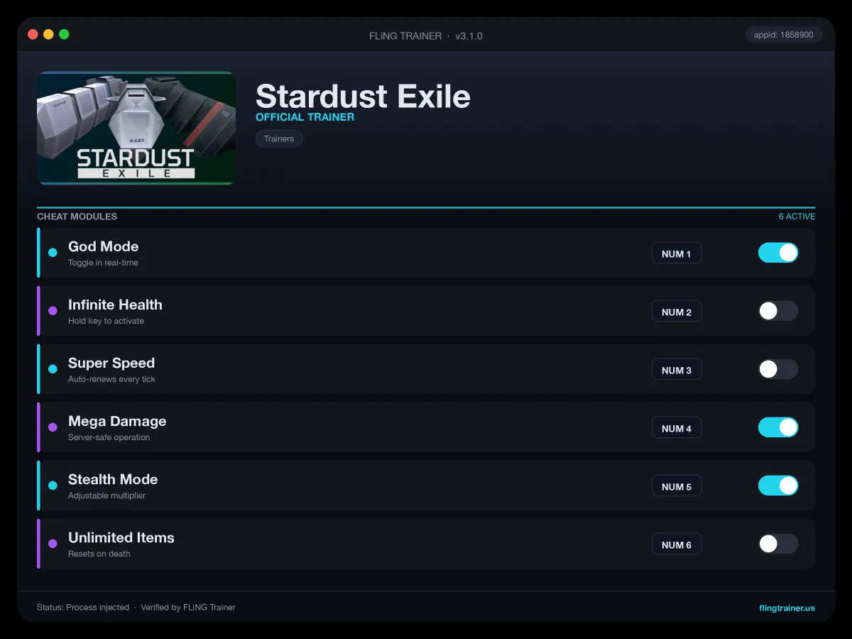 Stardust Exile Trainer interface