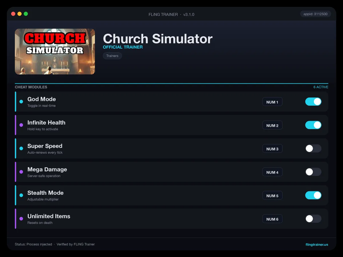 Church Simulator Trainer interface