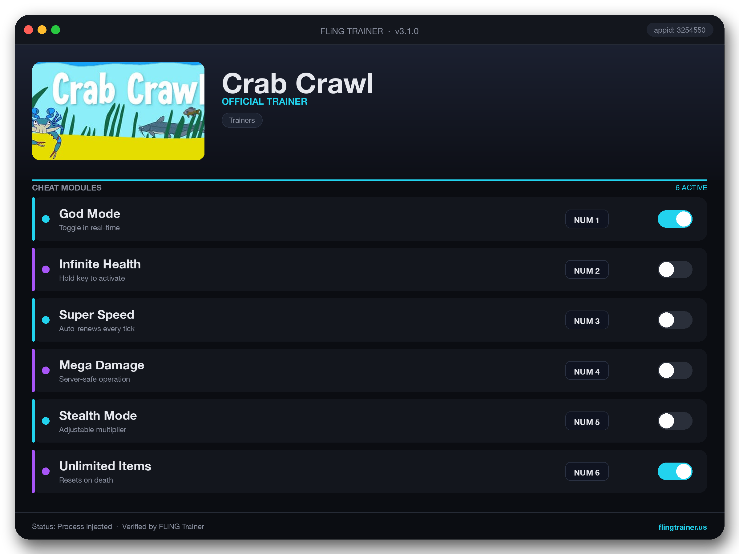 Crab Crawl Trainer interface