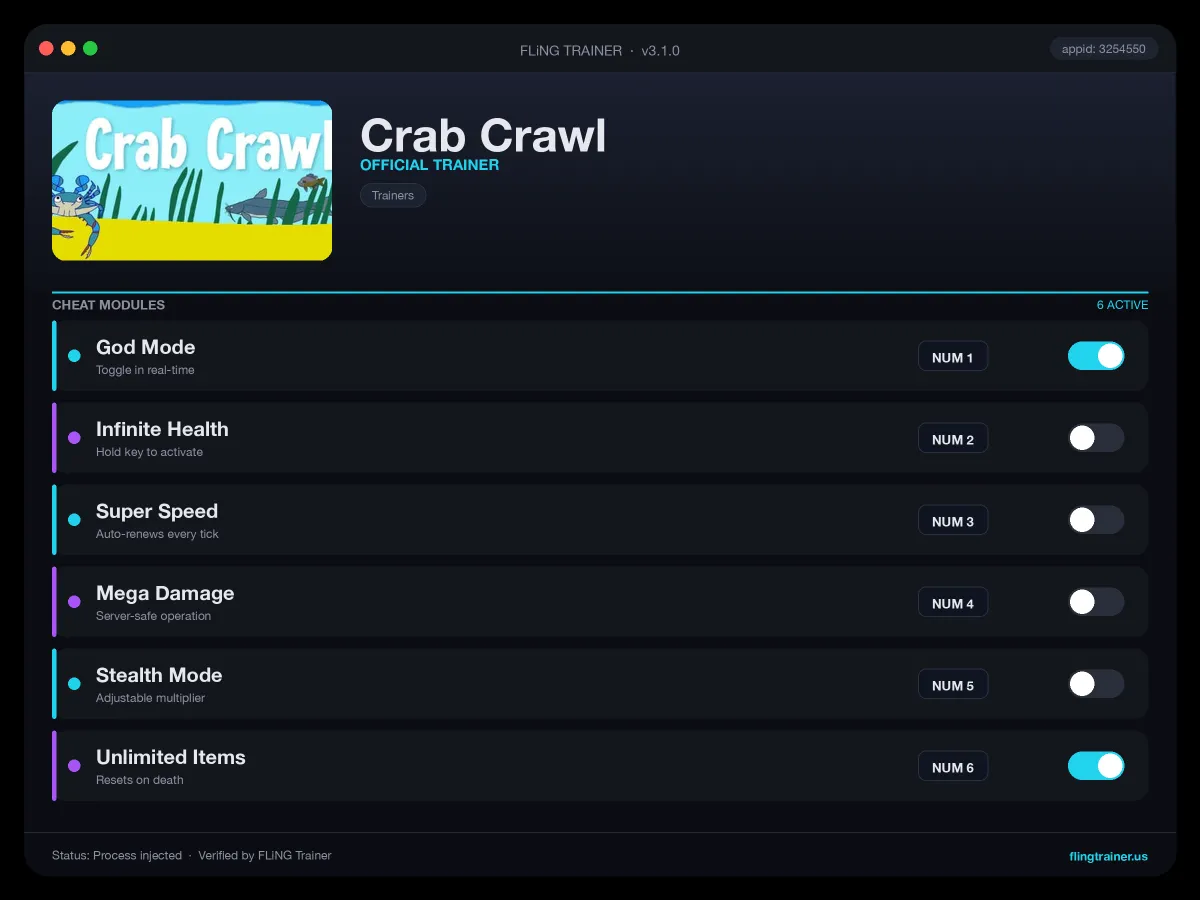 Crab Crawl Trainer interface