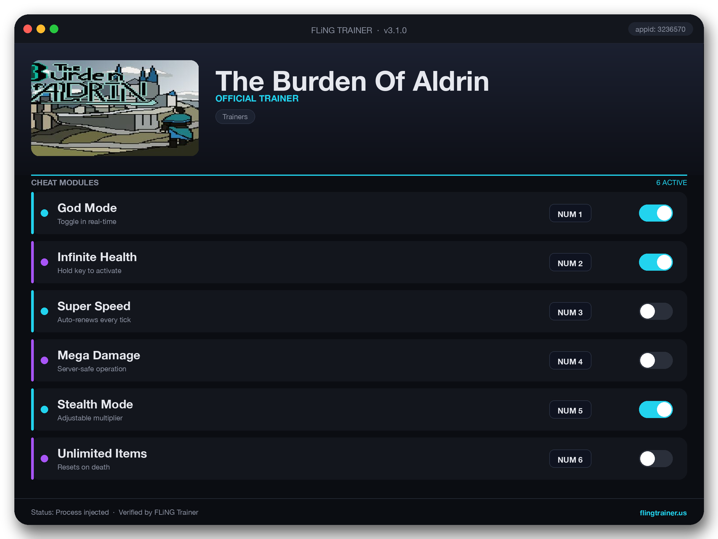 The Burden Of Aldrin Trainer interface