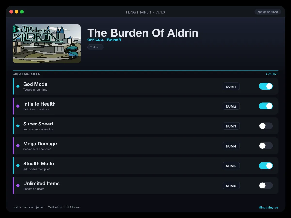 The Burden Of Aldrin Trainer interface