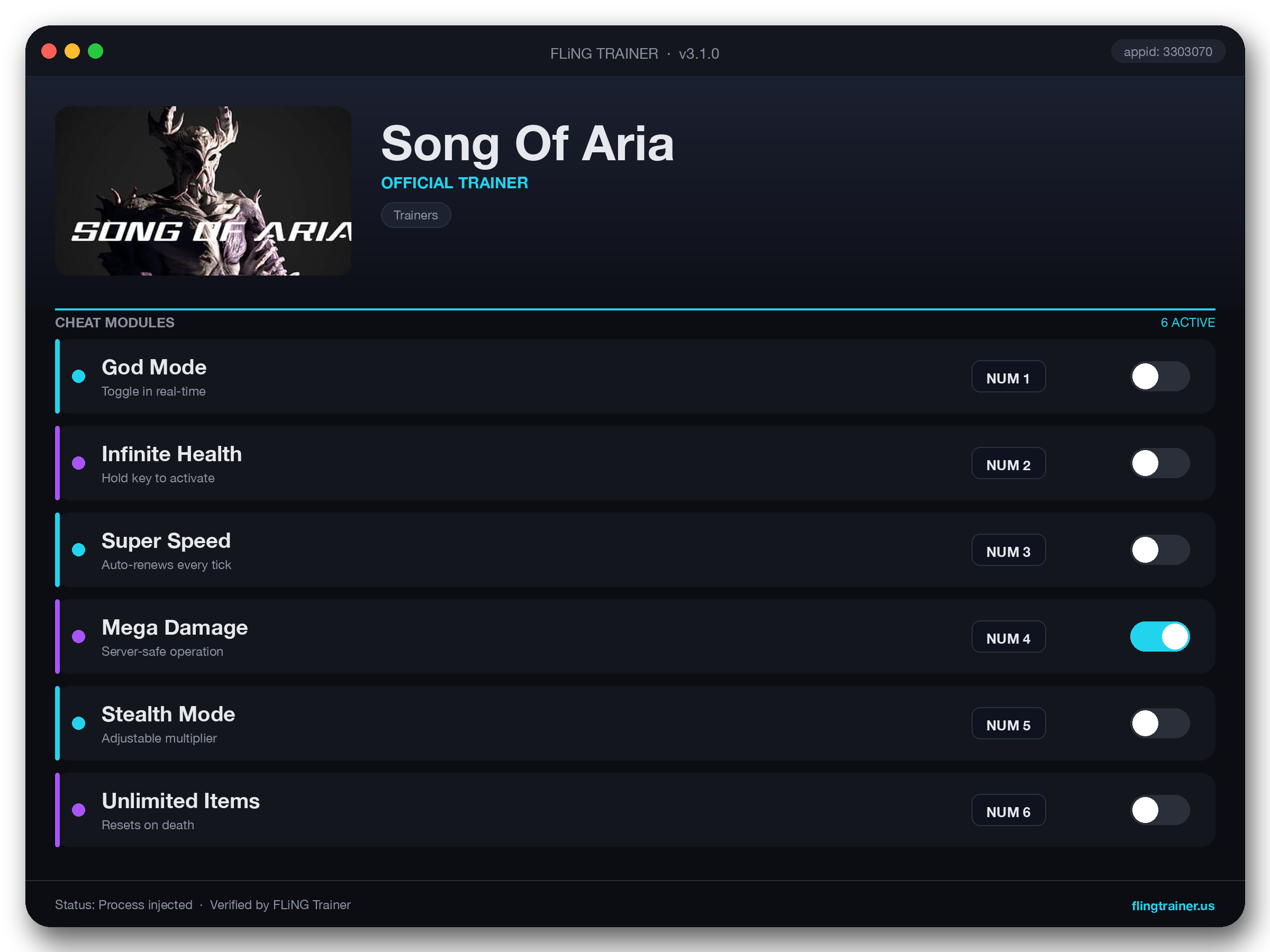 Song Of Aria Trainer interface