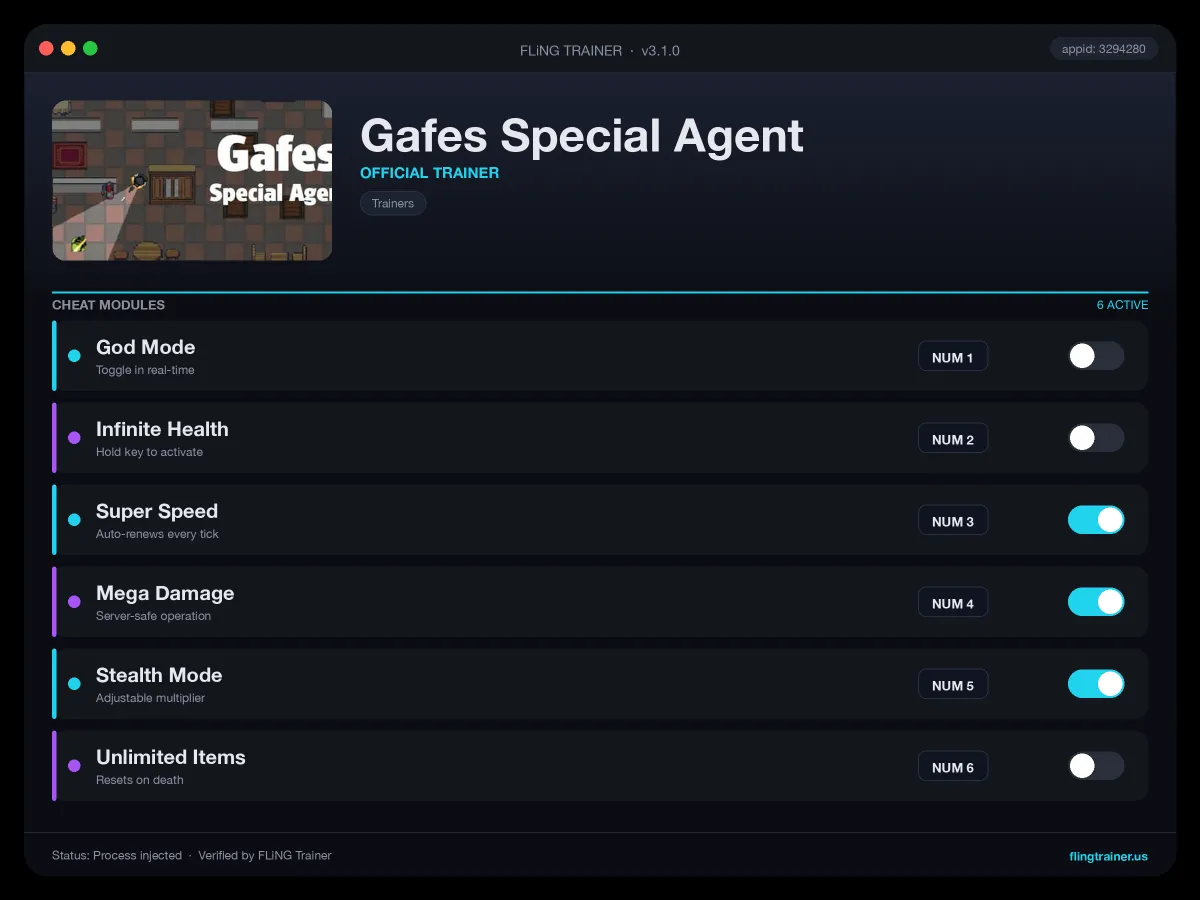Gafes Special Agent Trainer interface