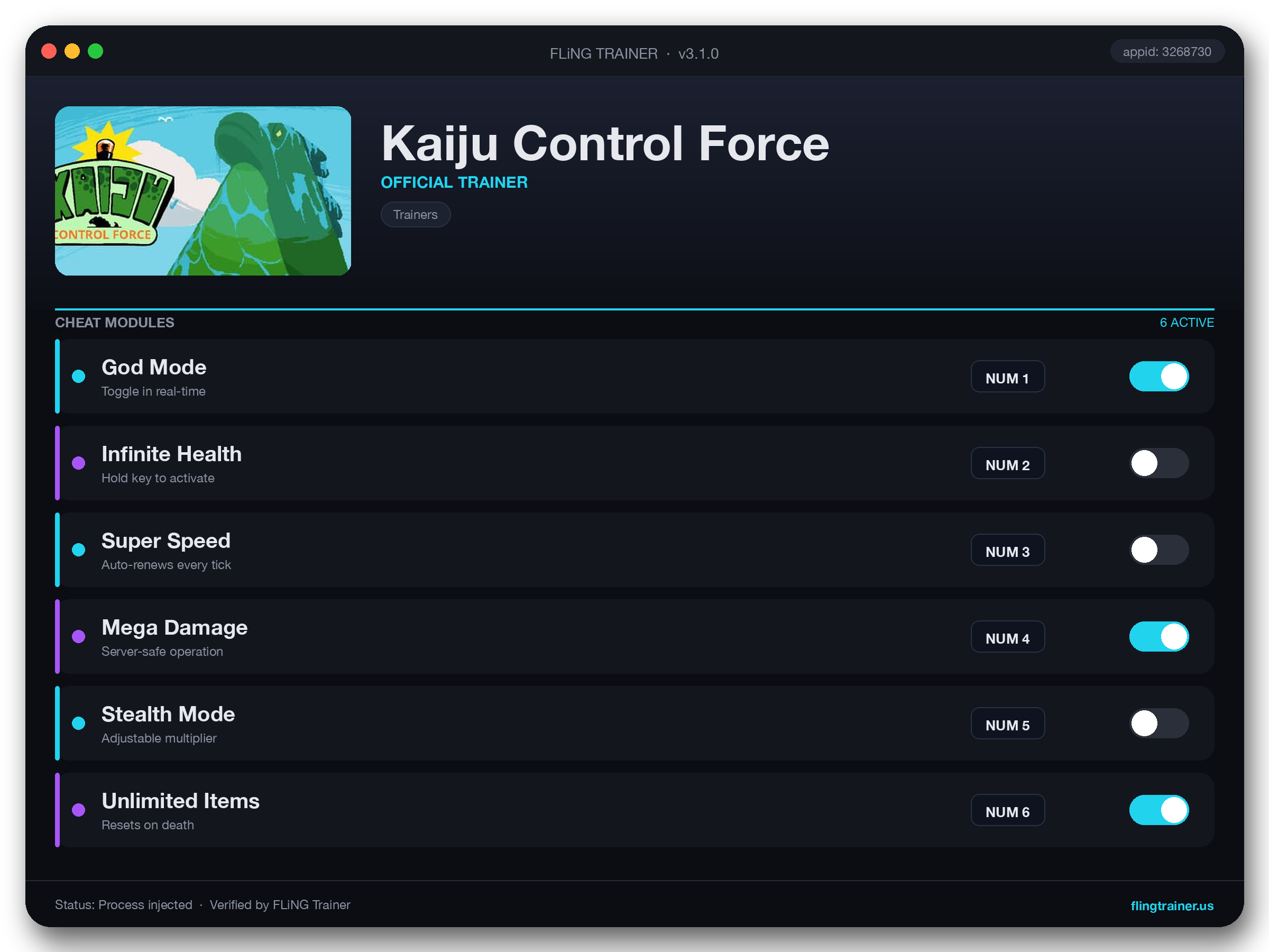 Kaiju Control Force Trainer interface