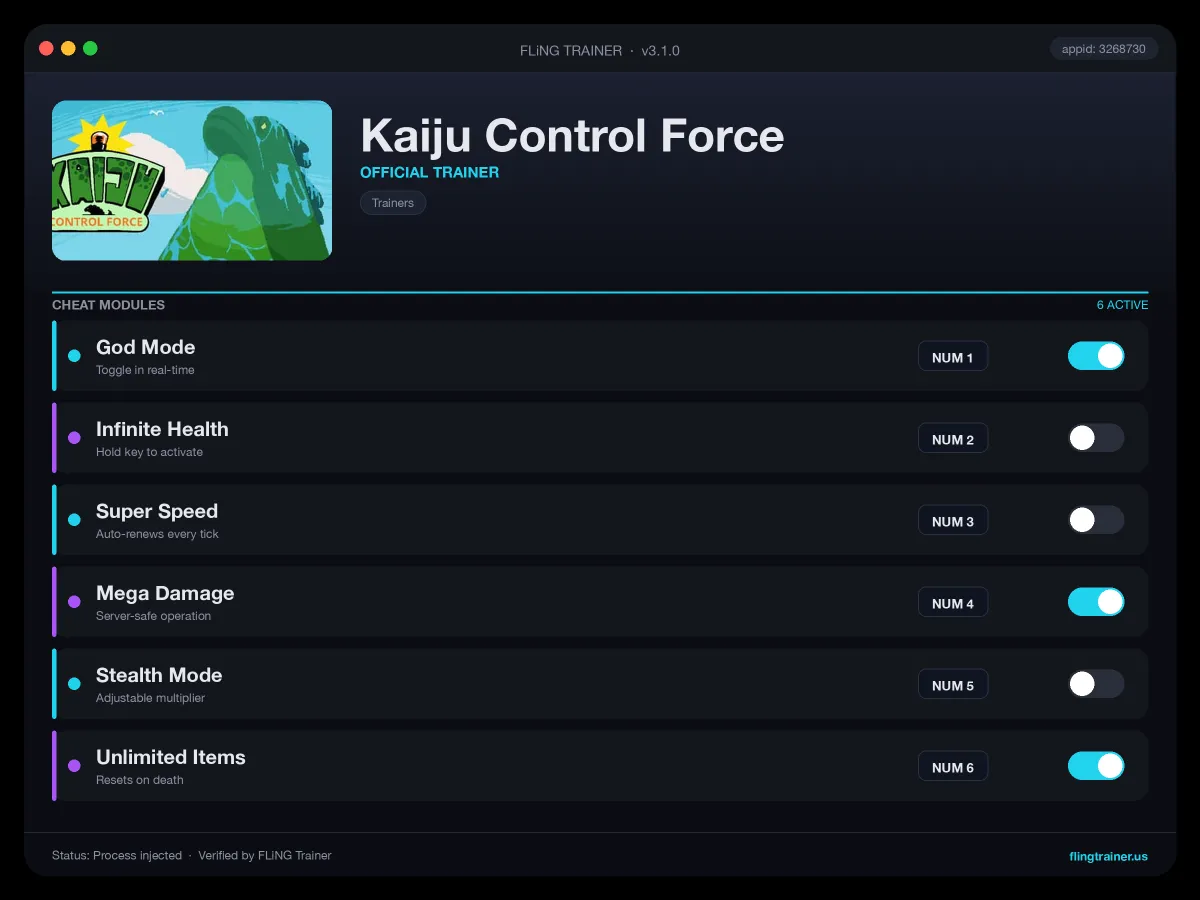 Kaiju Control Force Trainer interface