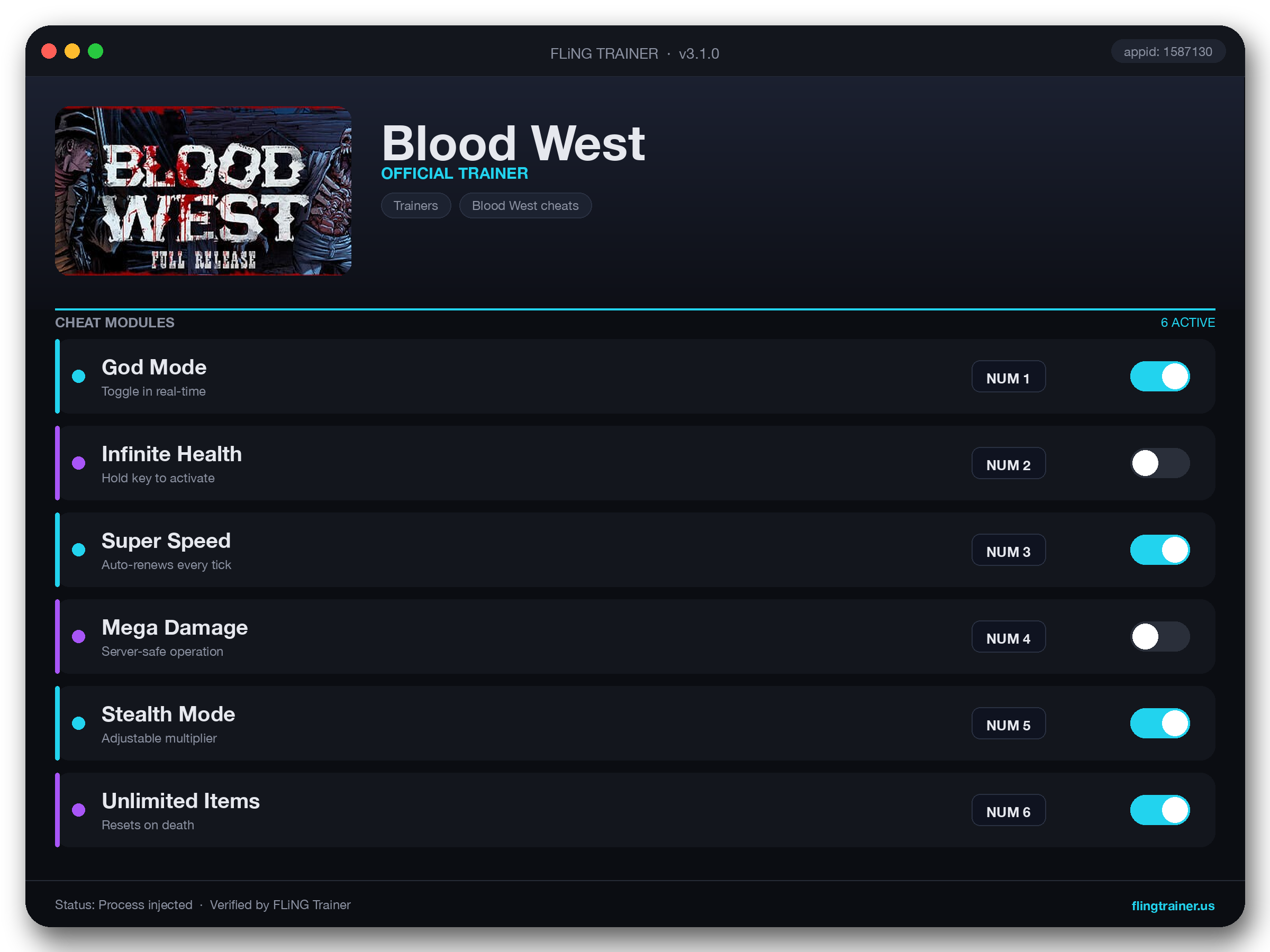 Blood West Trainer interface