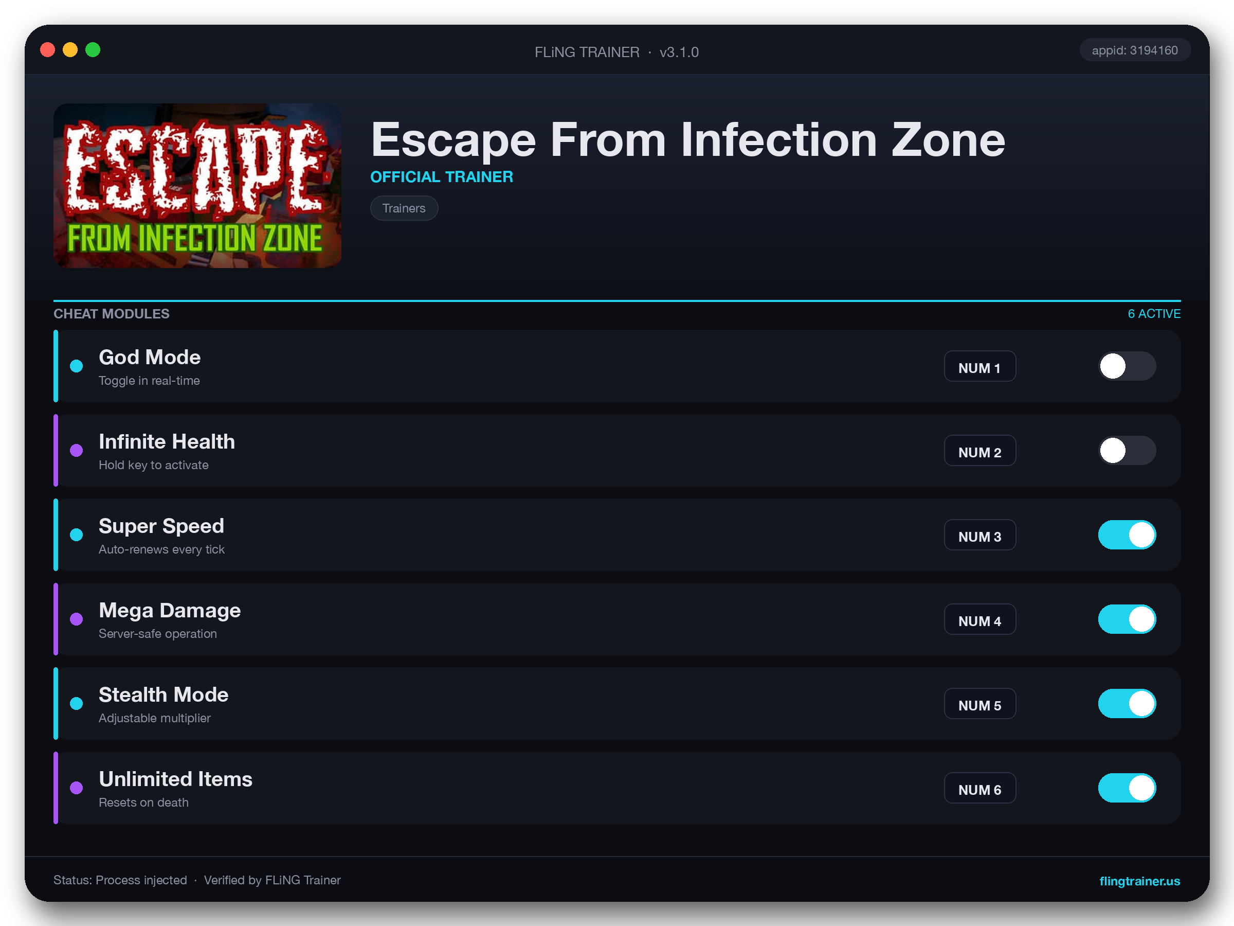 Escape From Infection Zone Trainer interface