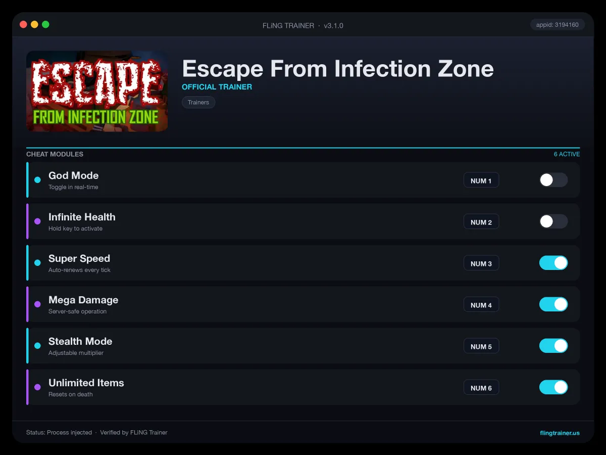 Escape From Infection Zone Trainer interface