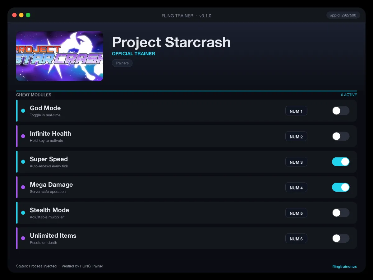 Project Starcrash Trainer interface