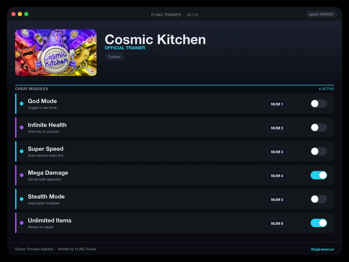 Cosmic Kitchen Trainer interface