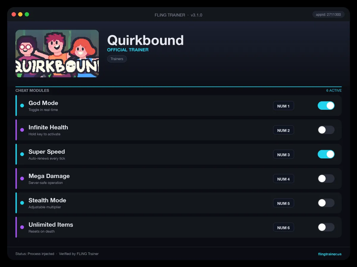 Quirkbound Trainer interface