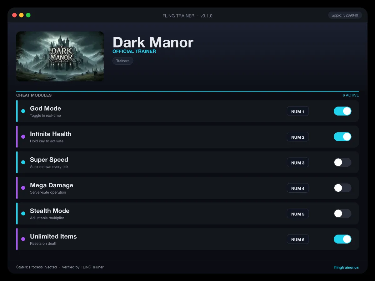 Dark Manor Trainer interface