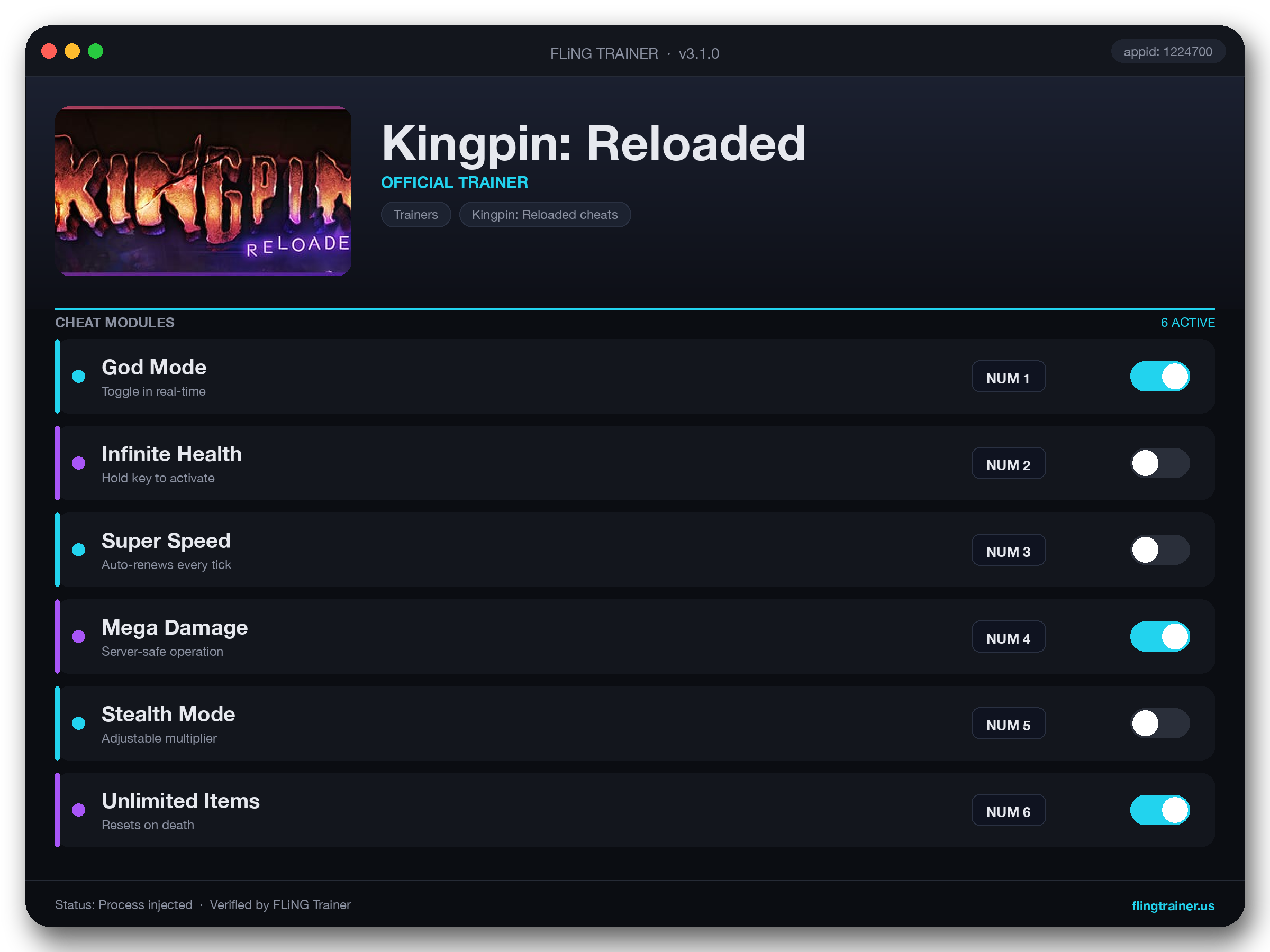 Kingpin: Reloaded Trainer interface