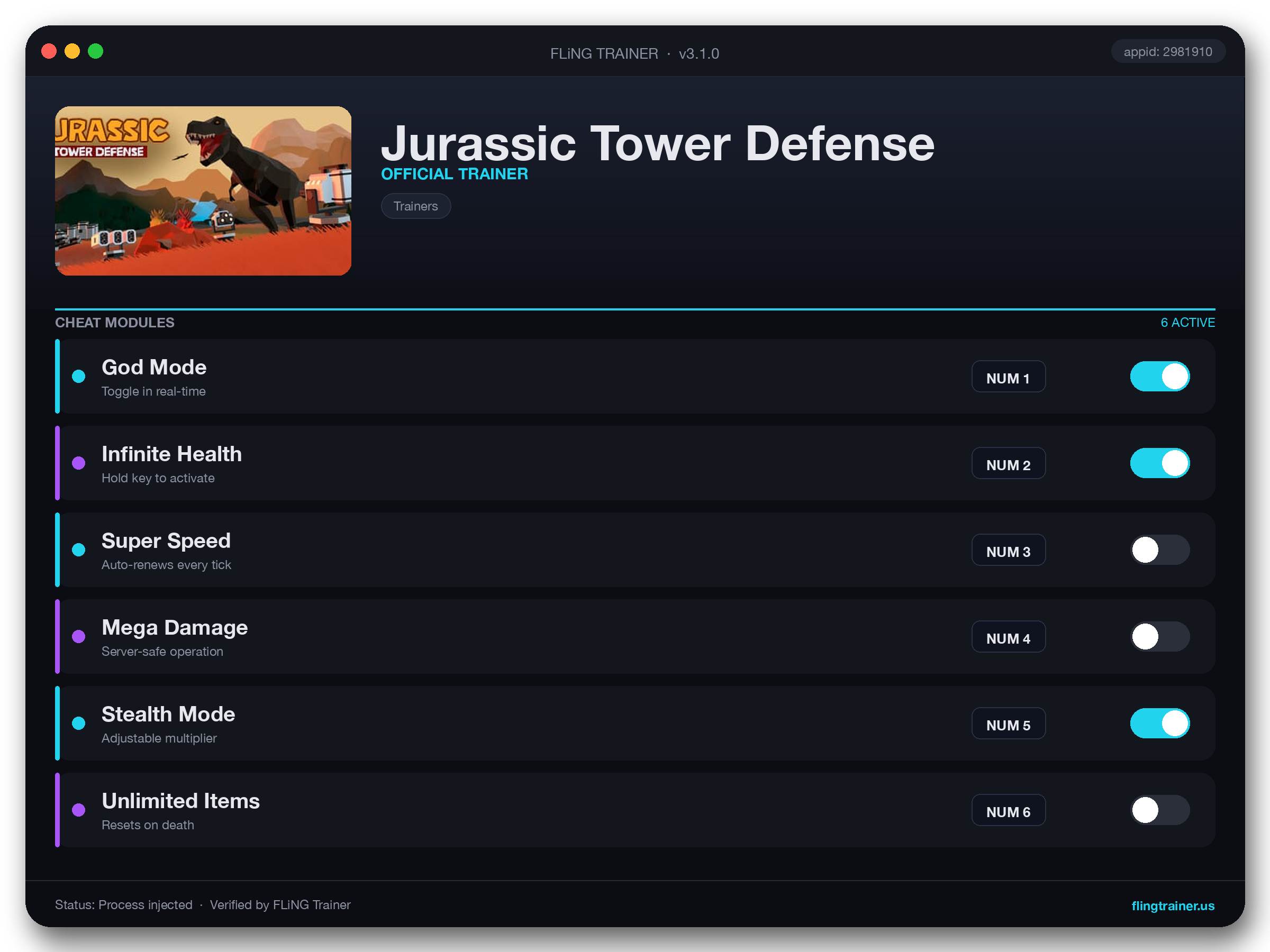 Jurassic Tower Defense Trainer interface