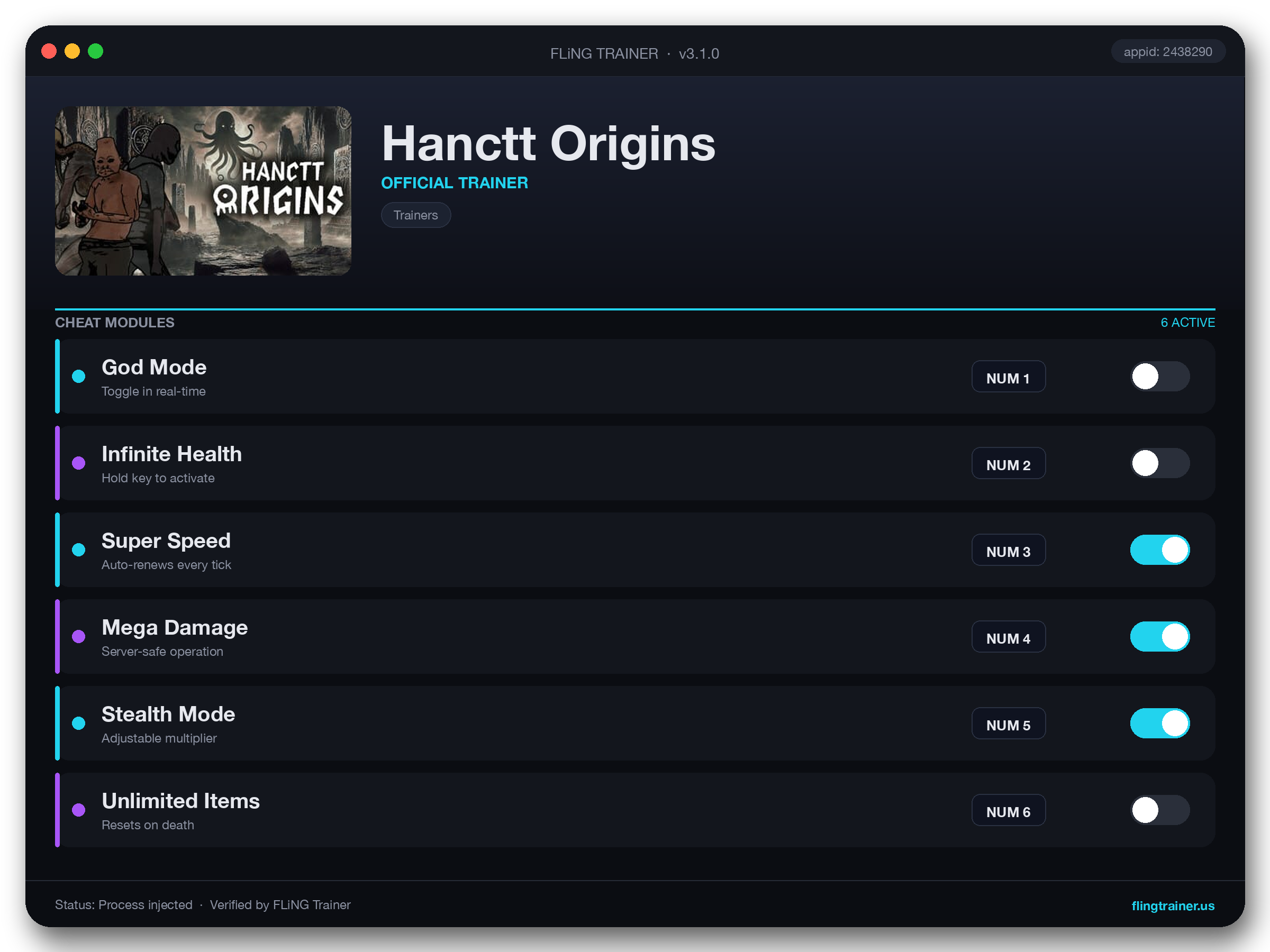 Hanctt Origins Trainer interface