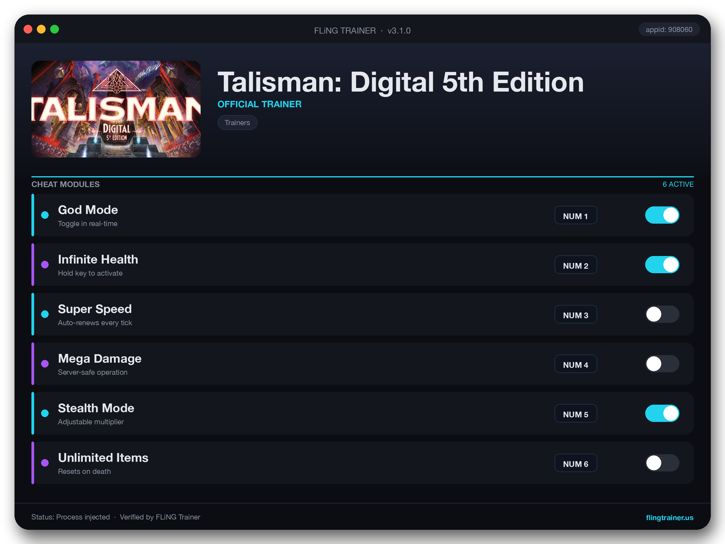 Talisman: Digital 5th Edition Trainer interface