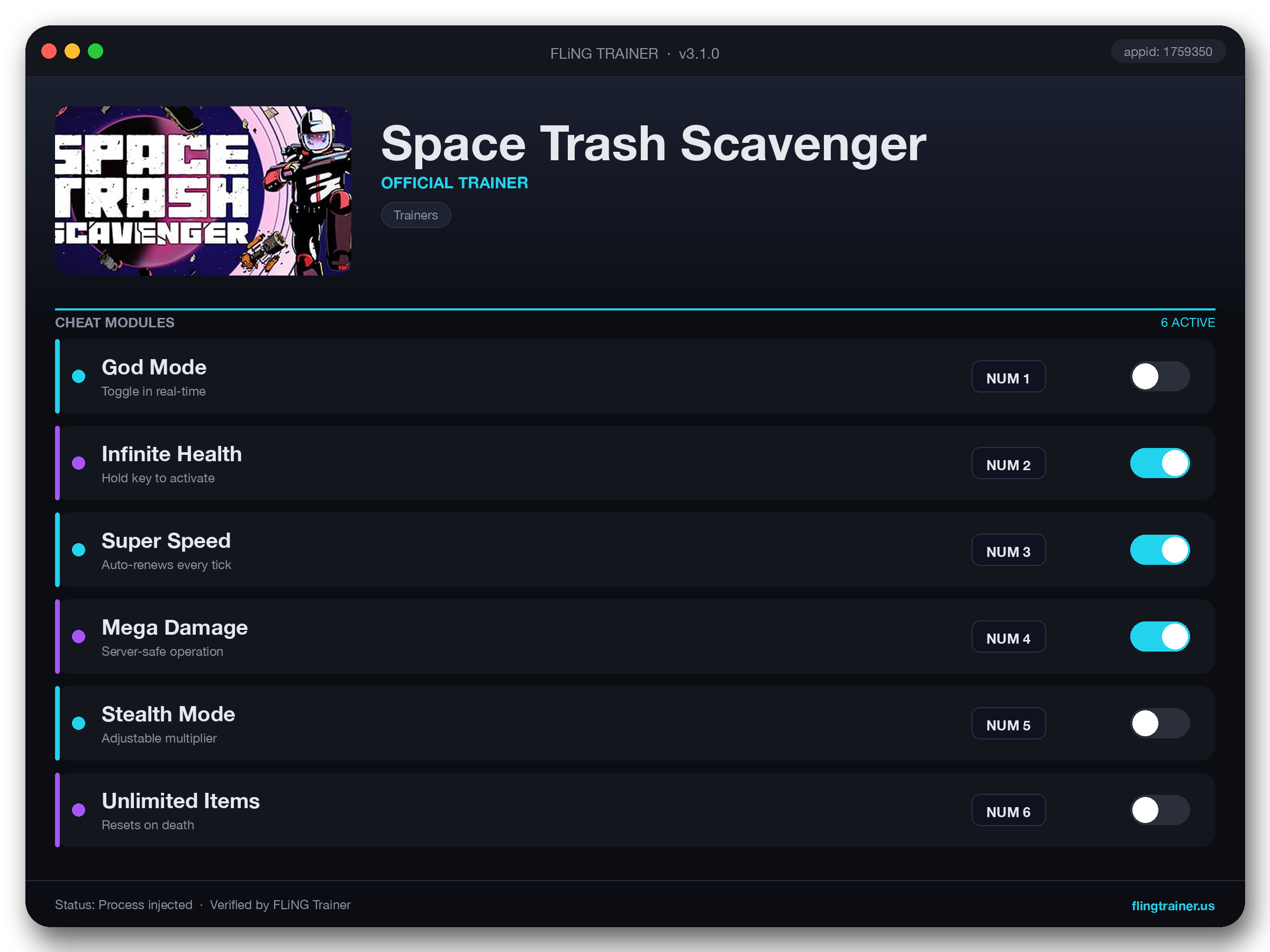 Space Trash Scavenger Trainer interface