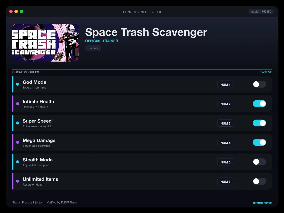 Space Trash Scavenger Trainer interface