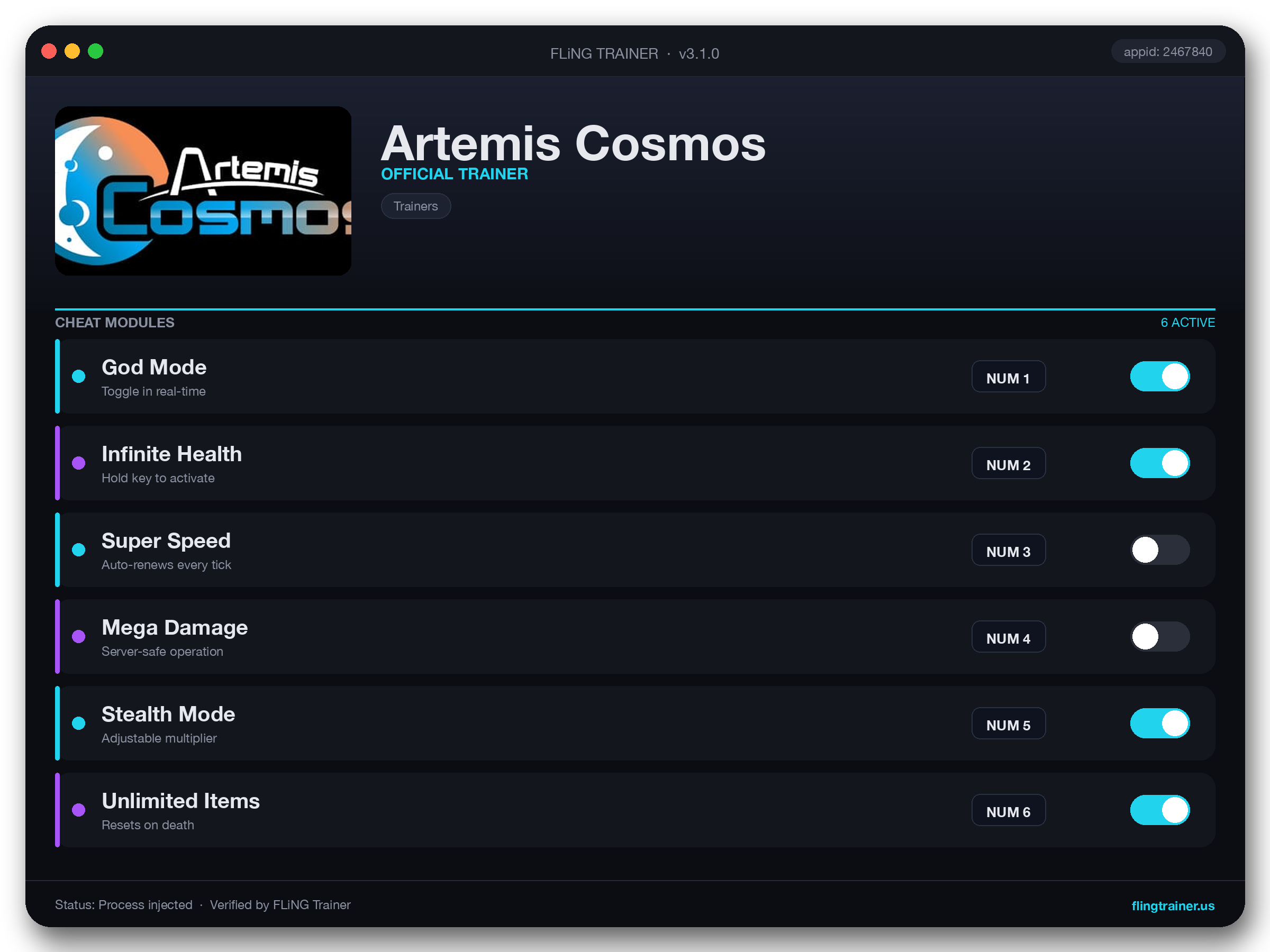 Artemis Cosmos Trainer interface