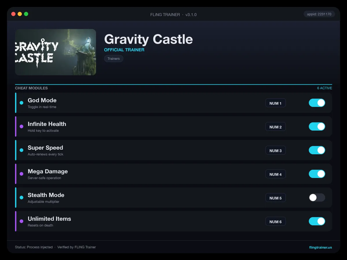 Gravity Castle Trainer interface