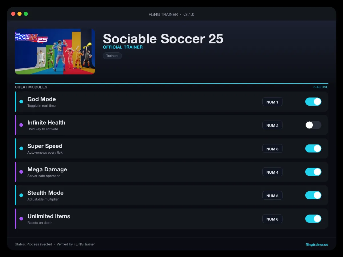 Sociable Soccer 25 Trainer interface