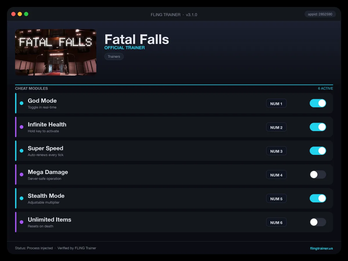 Fatal Falls Trainer interface