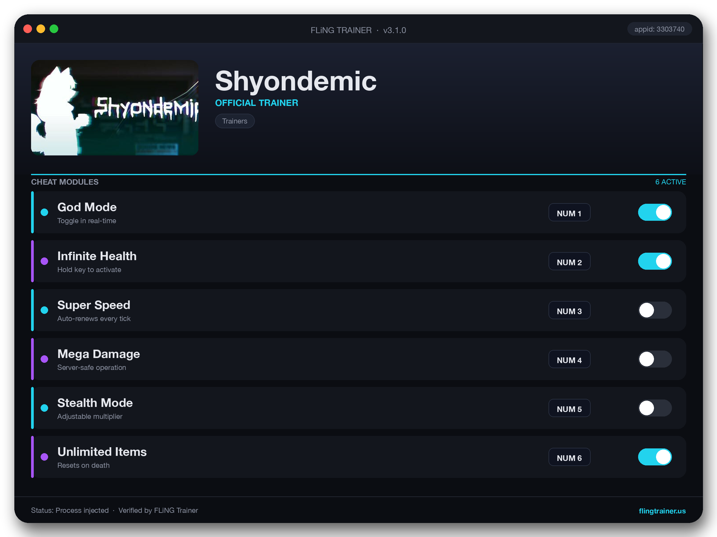Shyondemic Trainer interface