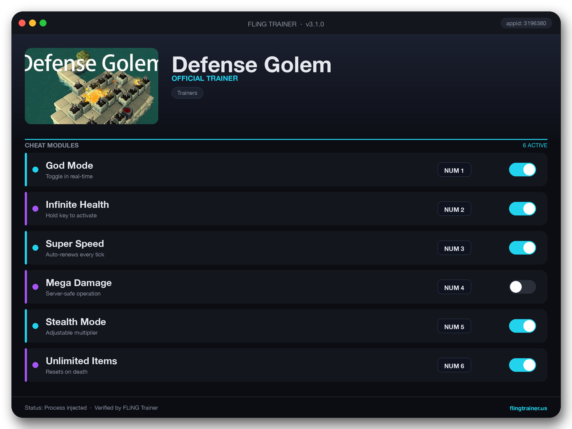 Defense Golem Trainer interface