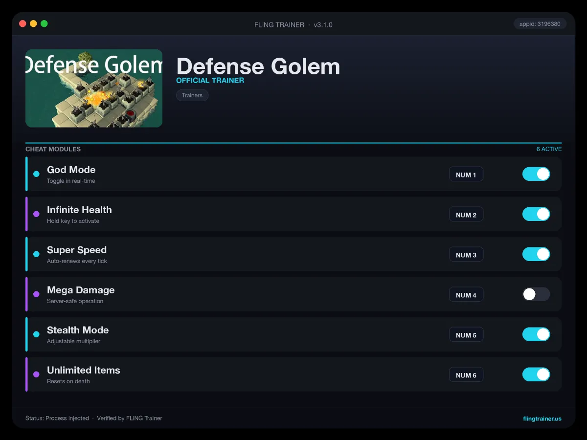 Defense Golem Trainer interface
