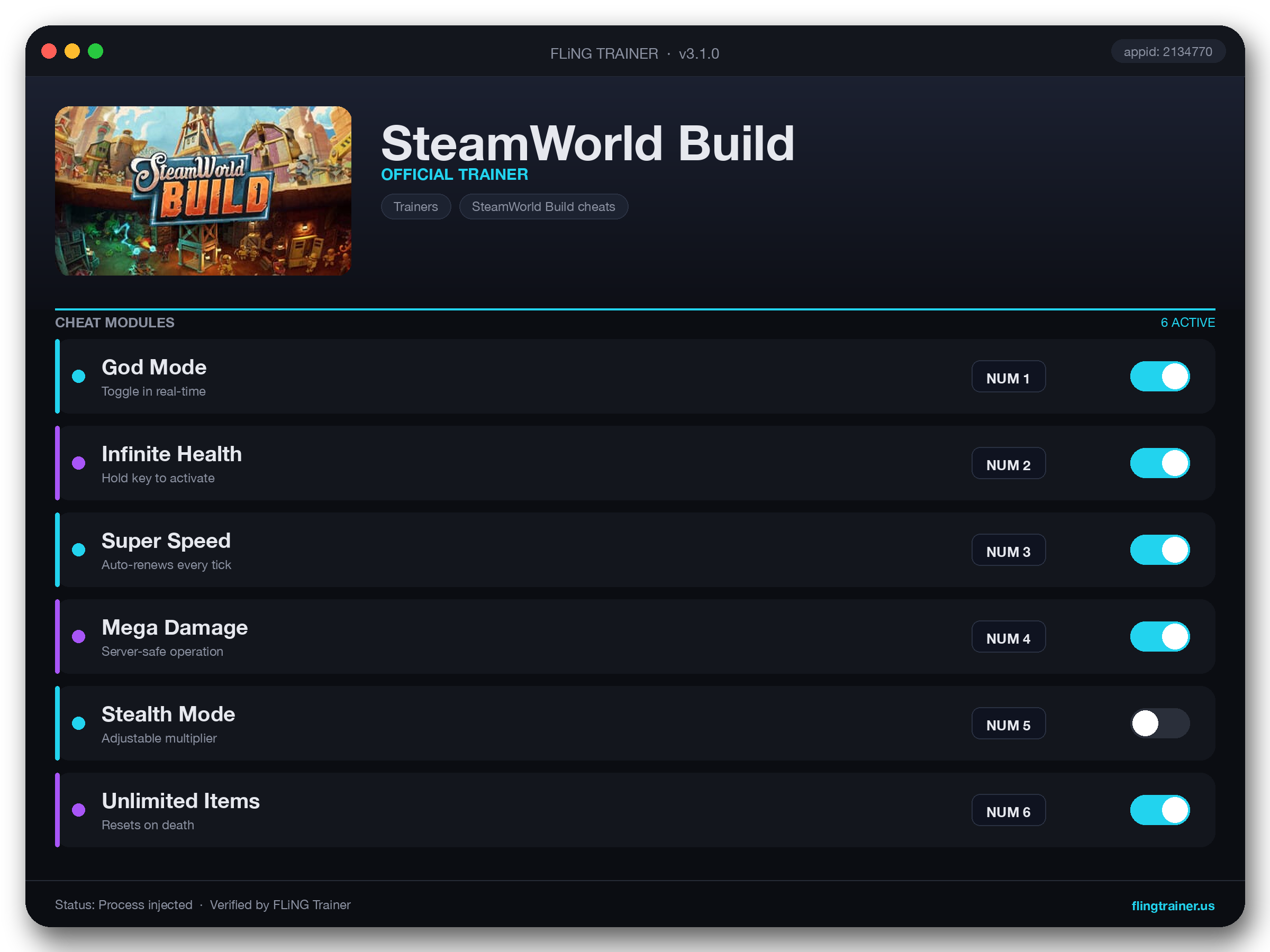 SteamWorld Build Trainer interface
