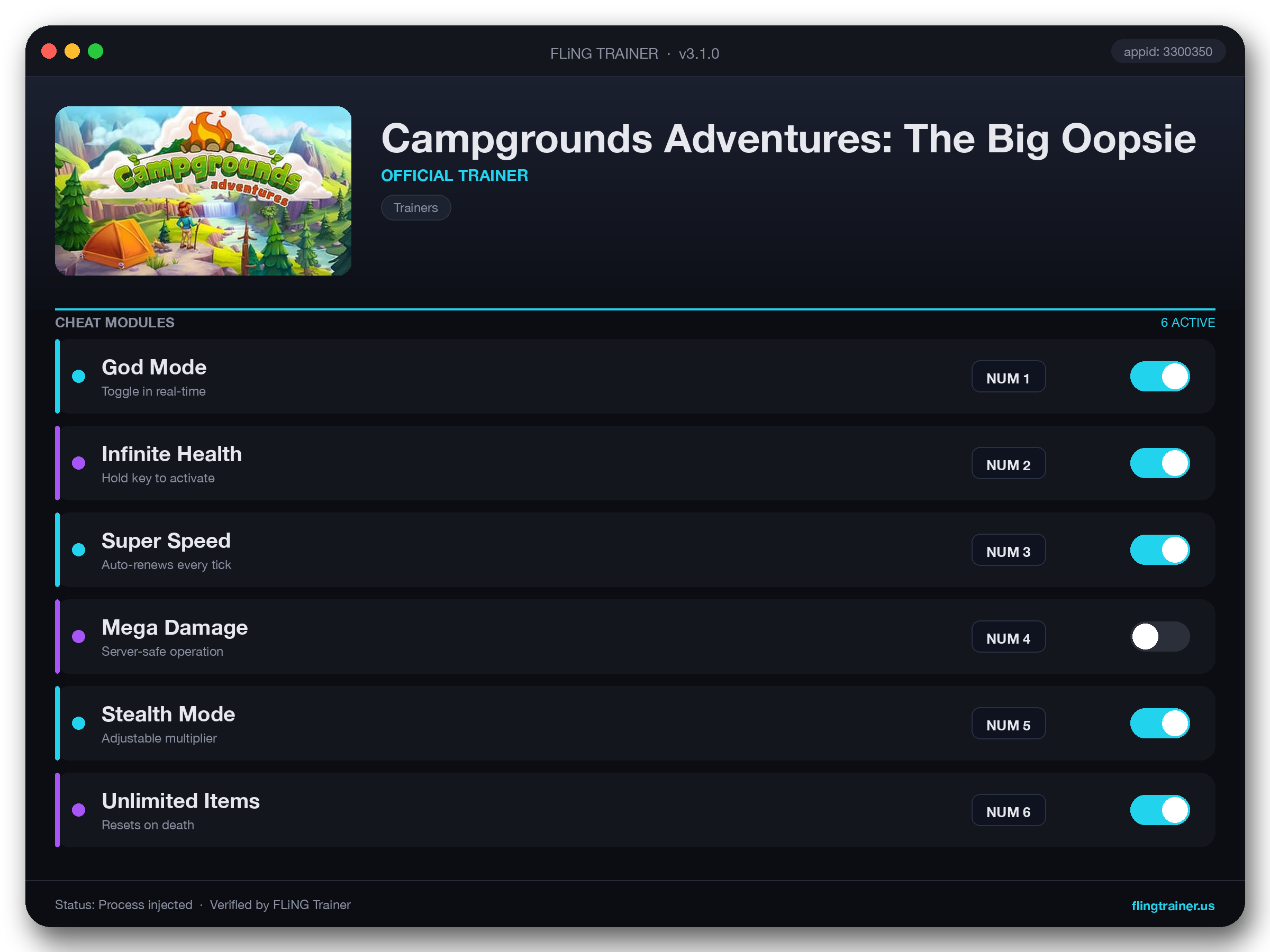 Campgrounds Adventures: The Big Oopsie Trainer interface