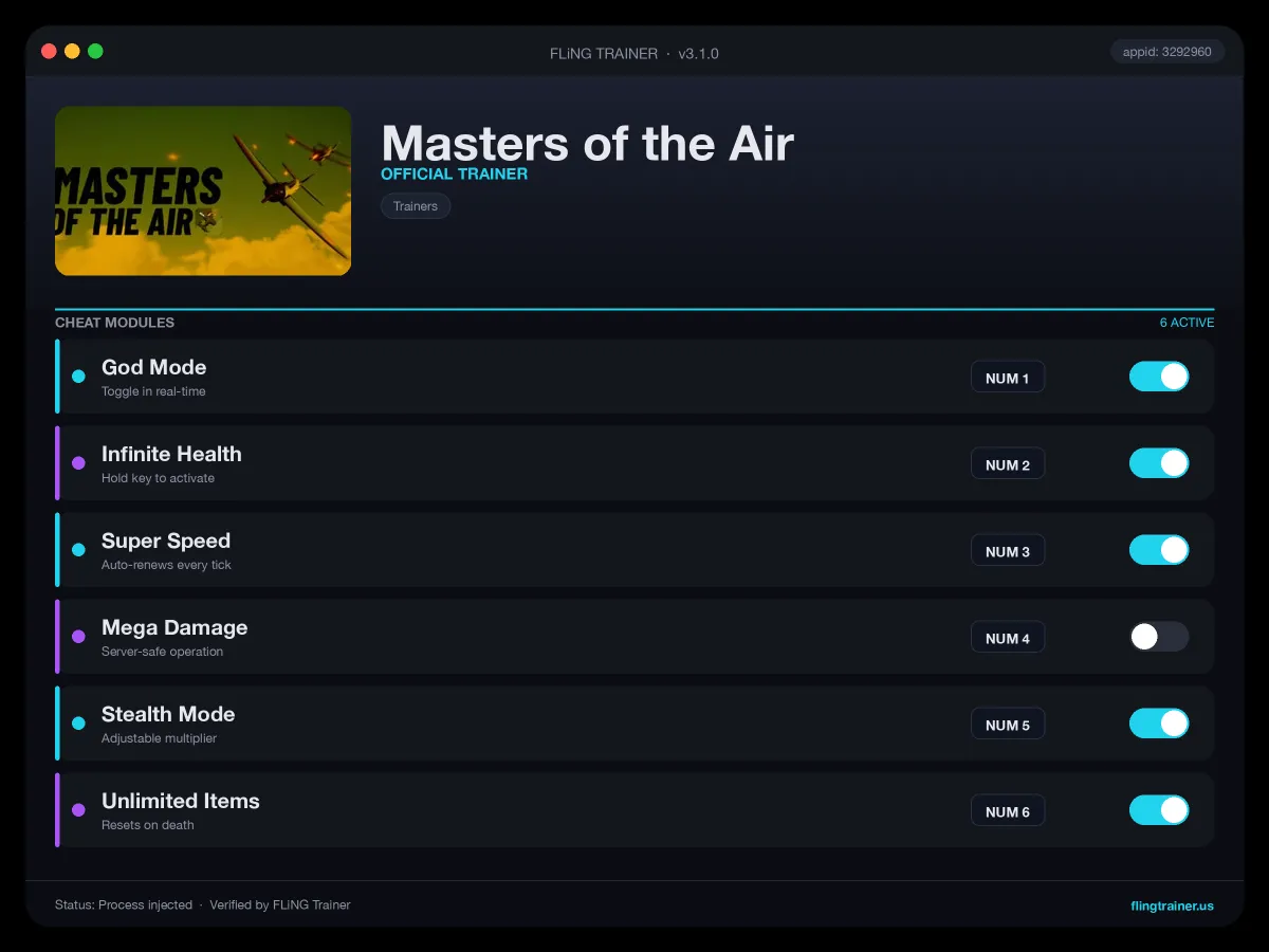 Masters of the Air Trainer interface
